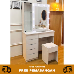 meja rias lampu make up artis rak dan laci minimalist